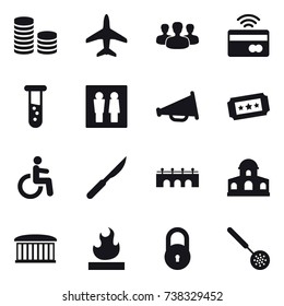 16 vector icon set : coin stack, plane, group, tap to pay, vial, wc, loudspeaker, ticket, bridge, mansion, airport building, skimmer