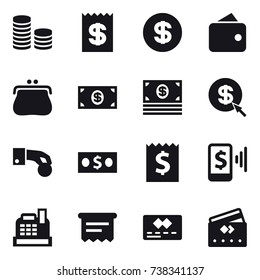16 vector icon set : coin stack, receipt, dollar, wallet, purse, money, dollar arrow, hand coin, mobile pay, cashbox, atm receipt, credit card