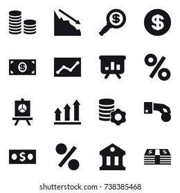 16 vector icon set : coin stack, crisis, dollar magnifier, dollar, money, statistic, presentation, percent, graph up, virtual mining, hand coin, library