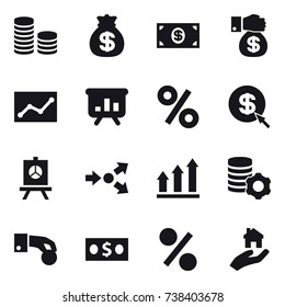 16 vector icon set : coin stack, money bag, money, money gift, statistic, presentation, percent, dollar arrow, core splitting, graph up, virtual mining, hand coin, real estate