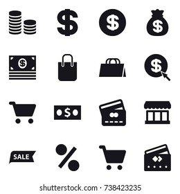 16 vector icon set : coin stack, dollar, money bag, money, shopping bag, dollar arrow, cart, credit card, market, sale, percent