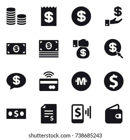 16 vector icon set : coin stack, receipt, dollar, investment, money, money gift, dollar arrow, money message, tap to pay, crypto currency, dollar coin, account balance, mobile pay, wallet