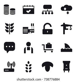 16 vector icon set : coin stack, calendar, structure, cloude service, mall, unlock, tower crane, baggage trolley, shark flipper, spikelets, mushroom, hive