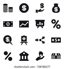 16 vector icon set : coin stack, dollar, investment, money bag, money, statistic, presentation, percent, dollar arrow, core splitting, library, real estate