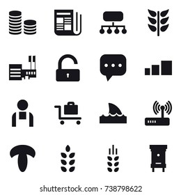 16 vector icon set : coin stack, newspaper, structure, mall, unlock, baggage trolley, shark flipper, spikelets, hive