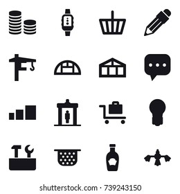 16 vector icon set : coin stack, smartwatch, basket, pencil, tower crane, greenhouse, detector, baggage trolley, bulb, repair tools, colander, hard reach place cleaning