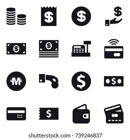 16 vector icon set : coin stack, receipt, dollar, investment, money, cashbox, tap to pay, crypto currency, hand coin, dollar coin, credit card, wallet
