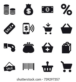 16 vector icon set : coin stack, money bag, money, percent, sale, phone pay, add to cart, basket, hand coin, purse, add to basket, shopping bag, barcode, cart