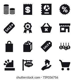 16 vector icon set : coin stack, receipt, annual report, percent, sale, medal, delete cart, shop, shopping bag, sale label, cashbox, store signboard, real estate, cart