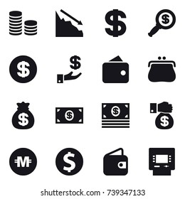16 vector icon set : coin stack, crisis, dollar, dollar magnifier, investment, wallet, purse, money bag, money, money gift, crypto currency, dollar coin, atm