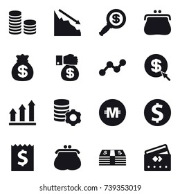16 vector icon set : coin stack, crisis, dollar magnifier, purse, money bag, money gift, graph, dollar arrow, graph up, virtual mining, crypto currency, dollar coin, receipt, credit card