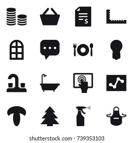 16 vector icon set : coin stack, basket, account balance, ruler, arch window, cafe, bulb, water tap, bath, spruce, sprayer, apron