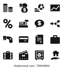 16 vector icon set : coin stack, money gift, diagram, statistic, percent, cashbox, money message, core splitting, hand coin, credit card, account balance, suitcase iocn, suitcase, safe, housing