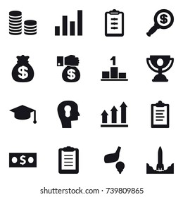 16 vector icon set : coin stack, graph, clipboard, dollar magnifier, money bag, money gift, pedestal, trophy, graduate hat, bulb head, graph up, money, golf