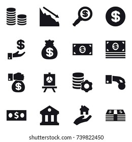 16 vector icon set : coin stack, crisis, dollar magnifier, dollar, investment, money bag, money, money gift, presentation, virtual mining, hand coin, library, real estate