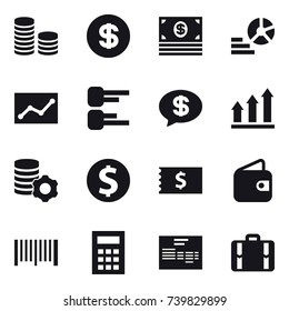 16 vector icon set : coin stack, dollar, money, diagram, statistic, money message, graph up, virtual mining, dollar coin, receipt, wallet, barcode, calculator, suitcase
