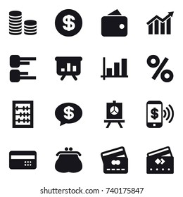 16 vector icon set : coin stack, dollar, wallet, diagram, presentation, graph, percent, abacus, money message, phone pay, credit card, purse