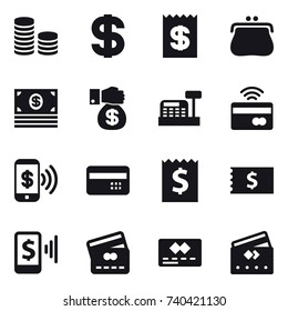 16 vector icon set : coin stack, dollar, receipt, purse, money, money gift, cashbox, tap to pay, phone pay, credit card, mobile pay