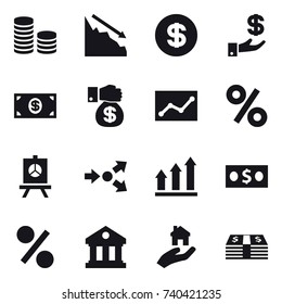 16 vector icon set : coin stack, crisis, dollar, investment, money, money gift, statistic, percent, presentation, core splitting, graph up, library, real estate
