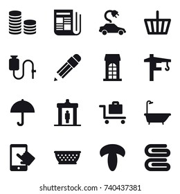 16 vector icon set : coin stack, newspaper, electric car, basket, pencil, building, tower crane, detector, baggage trolley, bath, kolander, stack of towels