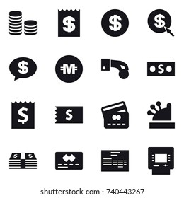 16 vector icon set : coin stack, receipt, dollar, dollar arrow, money message, crypto currency, hand coin, money, credit card, cashbox, atm