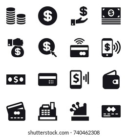 16 vector icon set : coin stack, dollar, investment, money, money gift, dollar arrow, tap to pay, phone pay, credit card, mobile pay, wallet, cashbox