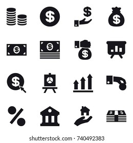 16 vector icon set : coin stack, dollar, investment, money bag, money, money gift, presentation, dollar arrow, graph up, hand coin, percent, library, real estate