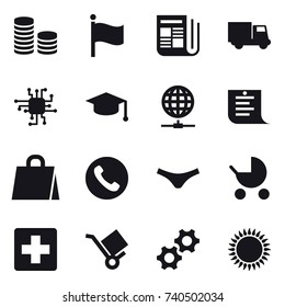 16 vector icon set : coin stack, flag, newspaper, truck, chip, graduate hat, globe connect, shopping list, shopping bag, phone, underpants, baby stroller