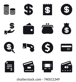 16 vector icon set : coin stack, dollar, receipt, investment, wallet, purse, money bag, dollar arrow, hand coin, dollar coin, credit card, account balance, atm