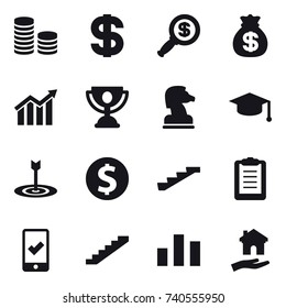 16 vector icon set : coin stack, dollar, dollar magnifier, money bag, diagram, trophy, chess horse, graduate hat, target, dollar coin, stairs, mobile checking, housing