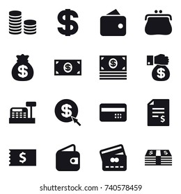 16 vector icon set : coin stack, dollar, wallet, purse, money bag, money, money gift, cashbox, dollar arrow, credit card, account balance, receipt