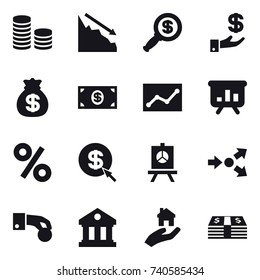 16 vector icon set : coin stack, crisis, dollar magnifier, investment, money bag, money, statistic, presentation, percent, dollar arrow, core splitting, hand coin, library, real estate