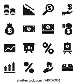 16 vector icon set : coin stack, crisis, dollar magnifier, investment, money bag, money, money gift, statistic, presentation, percent, graph up, real estate