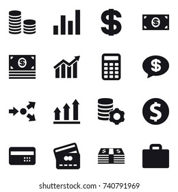 16 vector icon set : coin stack, graph, dollar, money, diagram, calculator, money message, core splitting, graph up, virtual mining, dollar coin, credit card, suitcase iocn