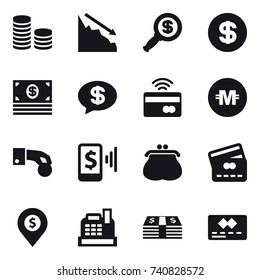 16 vector icon set : coin stack, crisis, dollar magnifier, dollar, money, money message, tap to pay, crypto currency, hand coin, mobile pay, purse, credit card, dollar pin, cashbox