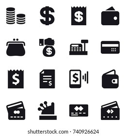 16 vector icon set : coin stack, dollar, receipt, wallet, purse, money gift, cashbox, credit card, account balance, mobile pay