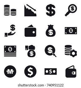 16 vector icon set : coin stack, crisis, dollar, dollar magnifier, investment, wallet, money bag, money, money gift, dollar arrow, virtual mining, crypto currency, dollar coin