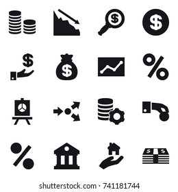 16 vector icon set : coin stack, crisis, dollar magnifier, dollar, investment, money bag, statistic, percent, presentation, core splitting, virtual mining, hand coin, library, real estate