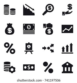 16 vector icon set : coin stack, crisis, dollar magnifier, investment, money bag, money, money gift, statistic, percent, presentation, core splitting, graph up, virtual mining, library