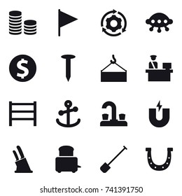 16 vector icon set : coin stack, flag, around gear, ufo, dollar coin, nail, water tap, knife holder, shovel, horseshoe