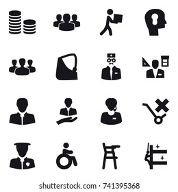 16 vector icon set : coin stack, group, courier, bulb head, architector, invalid, Chair for babies, skyscrapers cleaning