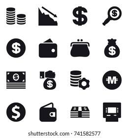 16 vector icon set : coin stack, crisis, dollar, dollar magnifier, wallet, purse, money bag, money, money gift, virtual mining, crypto currency, dollar coin, atm