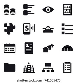 16 vector icon set : coin stack, diagram, eye, abacus, puzzle, mobile pay, scales, list, calendar, houses, hangare, hotel, hierarchy, clipboard list