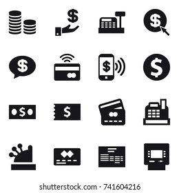 16 vector icon set : coin stack, investment, cashbox, dollar arrow, money message, tap to pay, phone pay, dollar coin, money, receipt, credit card, atm