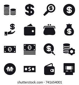16 vector icon set : coin stack, dollar, dollar magnifier, investment, wallet, purse, money bag, money, dollar arrow, virtual mining, crypto currency, atm