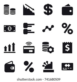 16 vector icon set : coin stack, crisis, dollar, wallet, money, diagram, graph, percent, graph up, tap to pay, virtual mining, receipt, cashbox