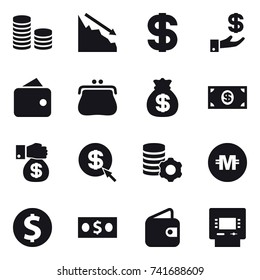 16 vector icon set : coin stack, crisis, dollar, investment, wallet, purse, money bag, money, money gift, dollar arrow, virtual mining, crypto currency, dollar coin, atm