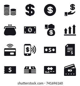 16 vector icon set : coin stack, dollar, investment, purse, money, money gift, graph up, tap to pay, phone pay, account balance, receipt, credit card