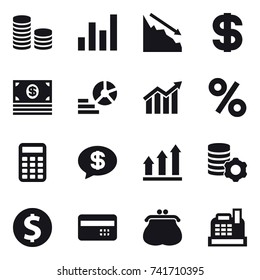 16 vector icon set : coin stack, graph, crisis, dollar, money, diagram, percent, calculator, money message, graph up, virtual mining, dollar coin, credit card, purse, cashbox