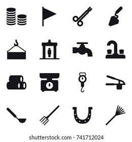 16 vector icon set : coin stack, flag, construction, detector, water tap, kitchen scales, handle scales, garlic clasp, ladle, fork, horseshoe, rake